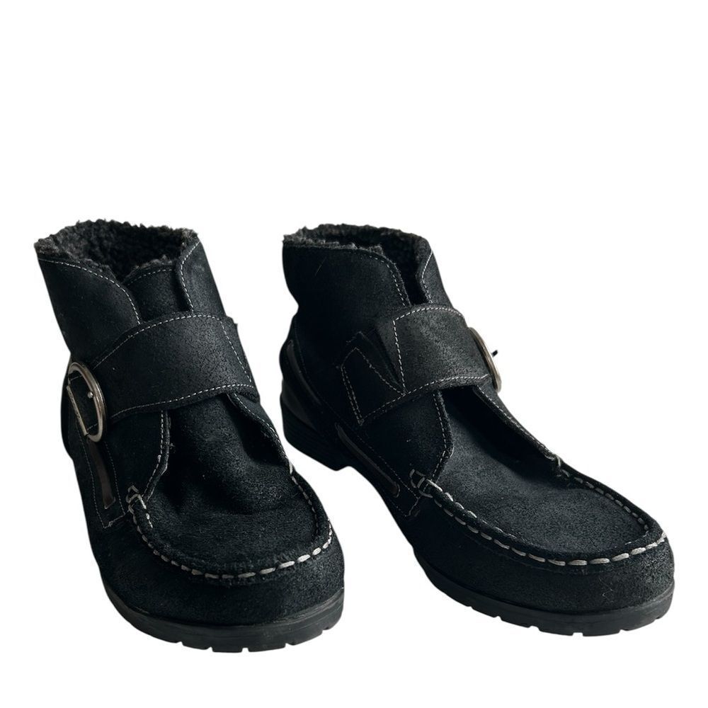 Eddie Bauer Black Suede Buckle winter ankle Boots with Fleece Lining Size 9.5